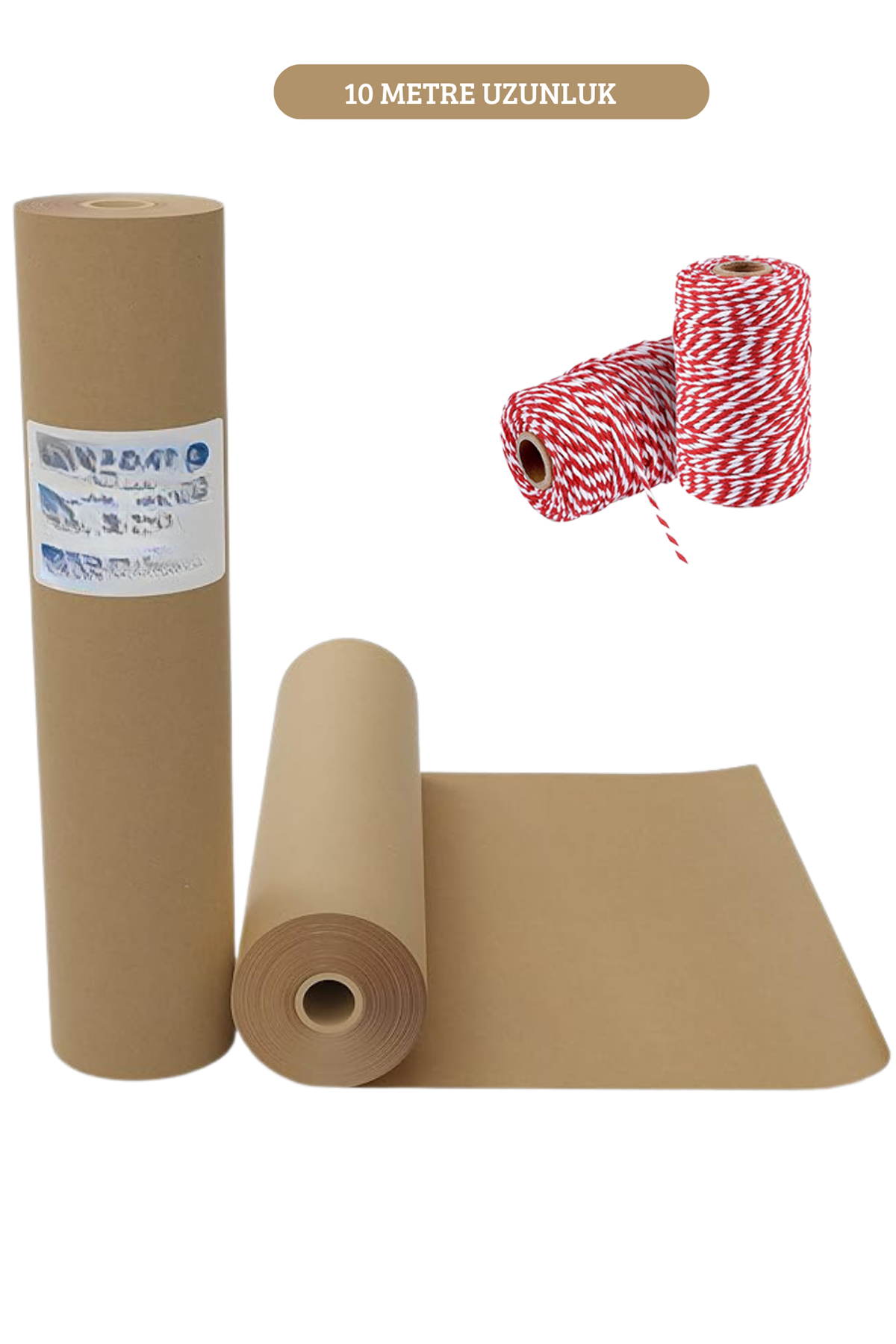 10 Metre Kraft Rulo Ambalaj Kağıdı ve 10 Metre Kırmızı Paketleme İpi