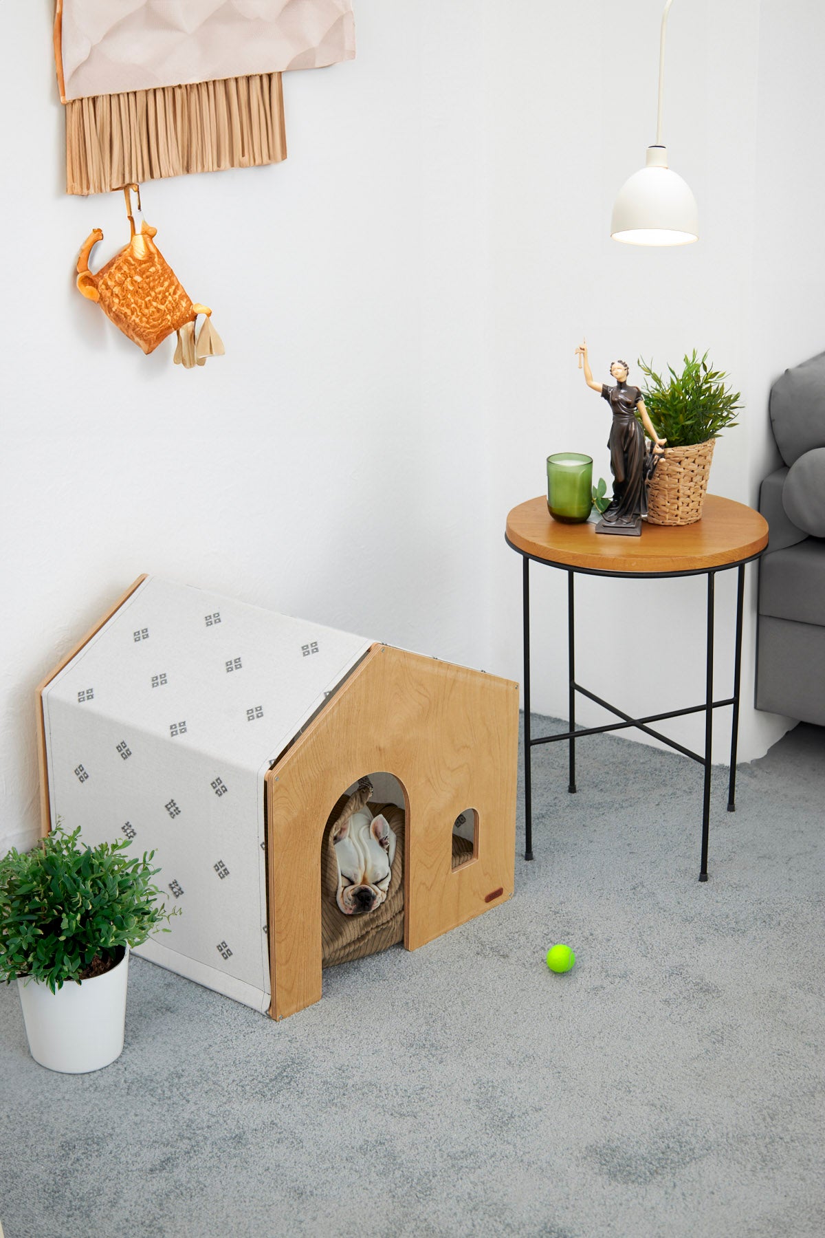 Demonte Ahşap Hava Alabilen Değiştirilebilir Kumaş Kedi ve Köpek Evi Gri